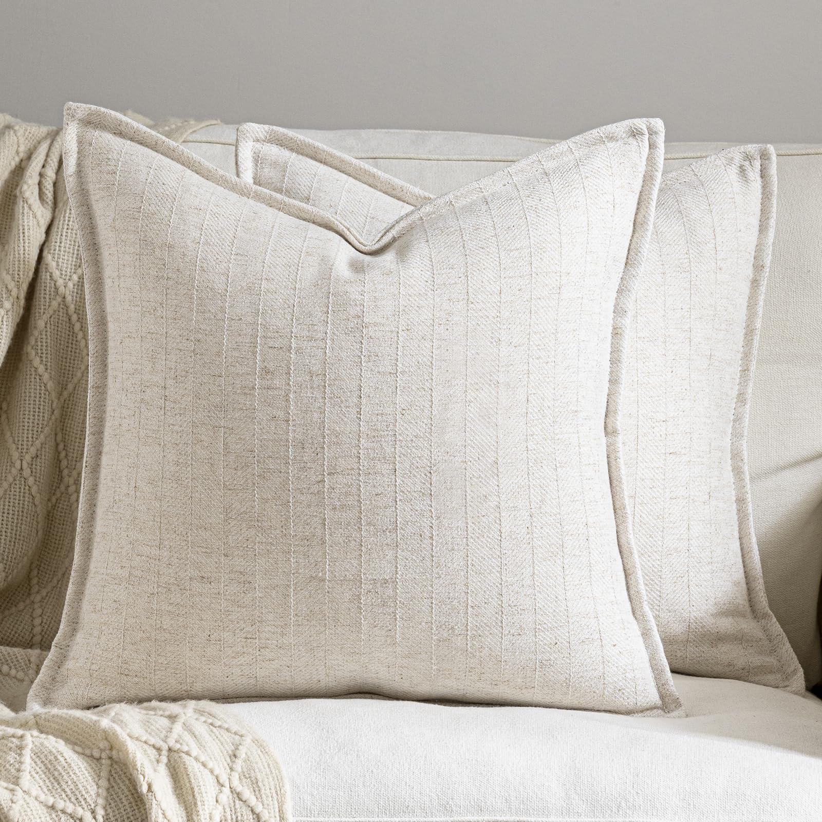 DEZENE 24x24 Linen Pillow Covers Beige Pack of 2 Farmhouse Boho Neutral Accents Striped Textured Square Decorative Throw Pillow Cases for Living Room Couch Bed Home Decor