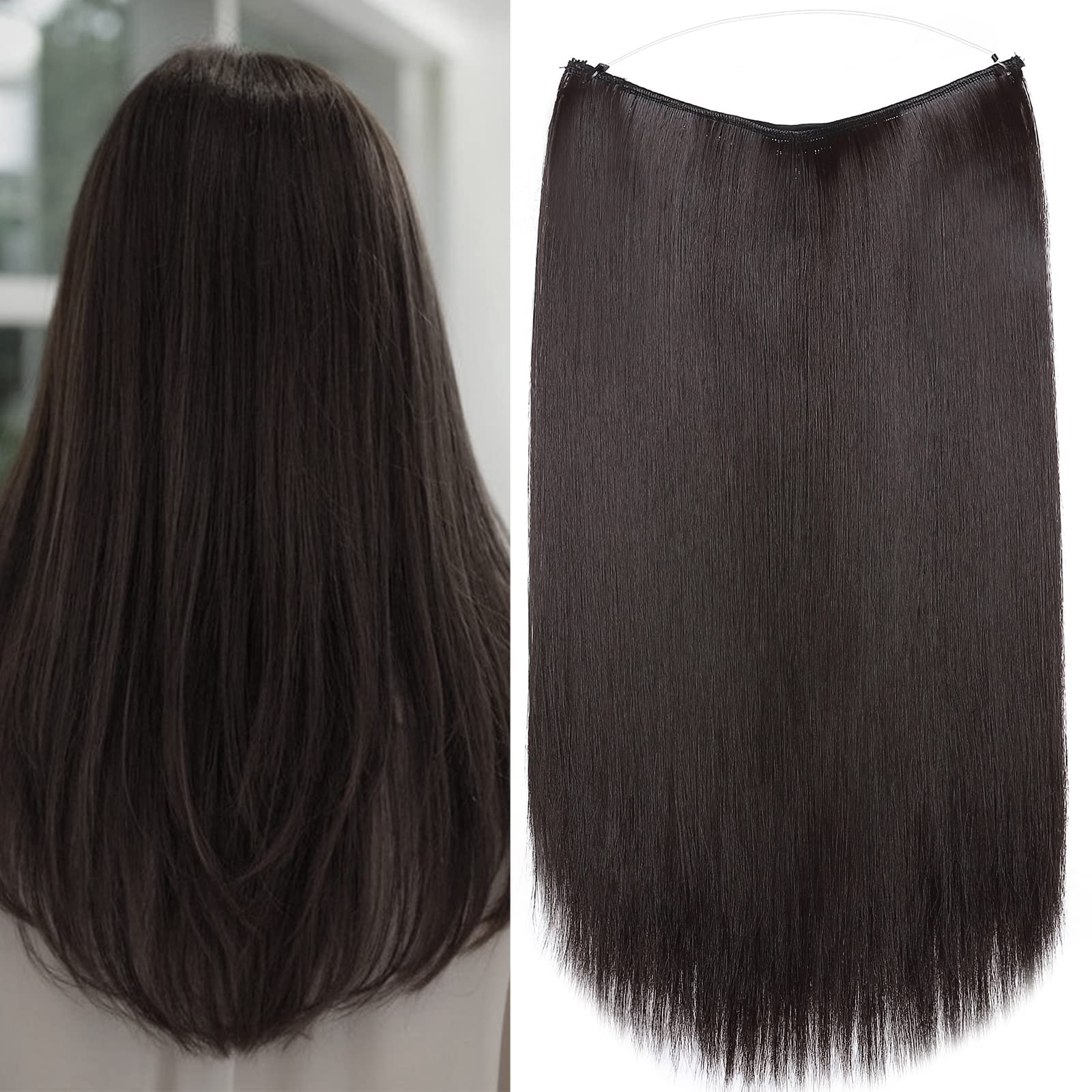 16 Inches Straight Hair Extensions Secret Headband No Clip Easy Invisible Crown Wire in Hair Extensions Hairpiece for Women Dark Brown