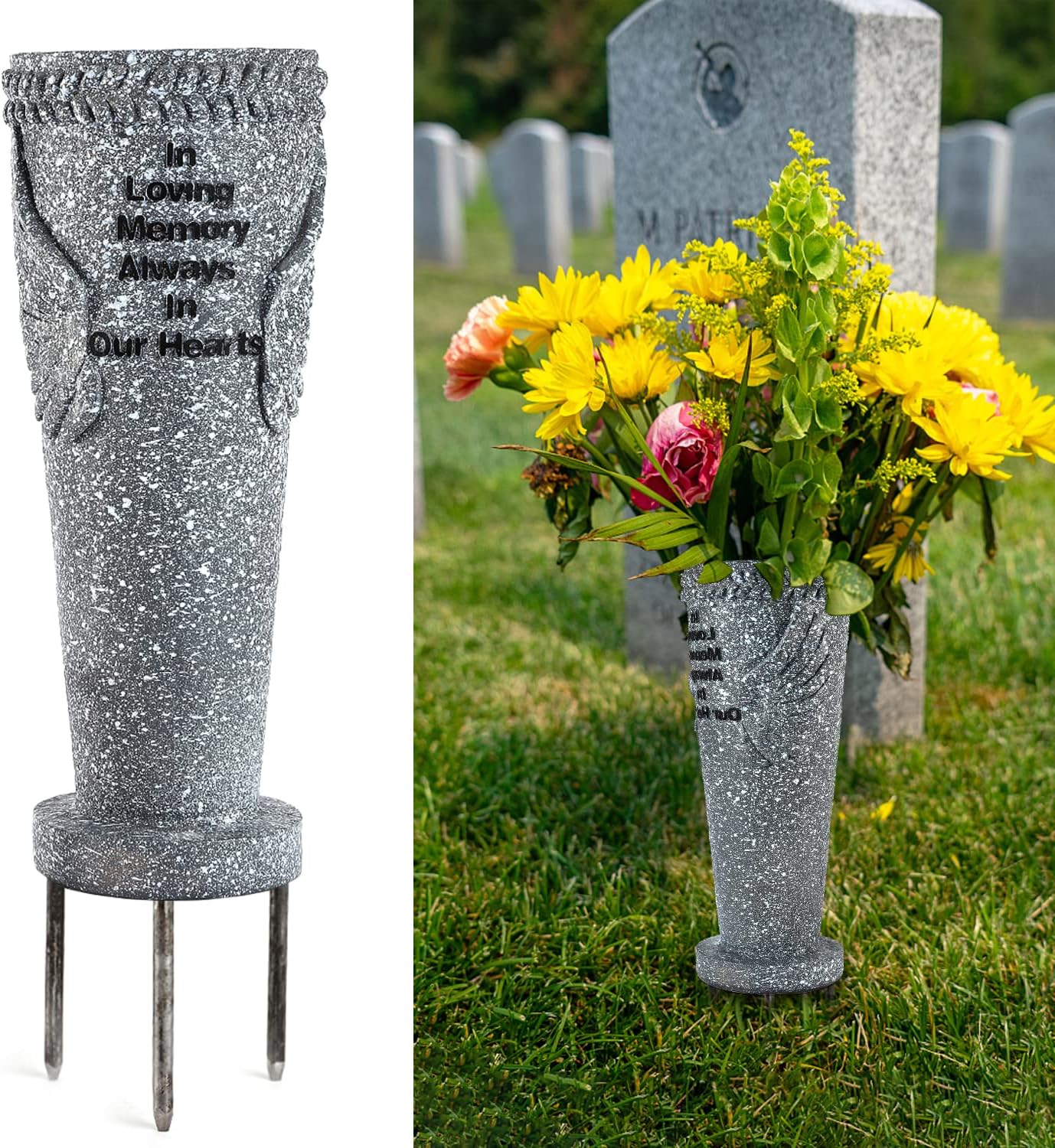 Decorative Garden Stakes - MIBUNG Cemetery Grave Vase with Ground Spikes, Angel Wings Vase for Fresh/Artificial Flowers, Floral Holder Headstone Decorations Grave Marker Memorial Stone Garden Yard Christmas Stake, Sympathy Gift