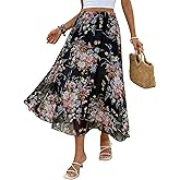 EWFKJ Women's Floral Chiffon Maxi Skirt Elastic High Waisted Flowy A-Line Long Beach Skirt for Summer 2026