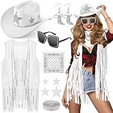 Tiamon Western Costume Accessories for Women Cowgirl Tassels Fringe Vest Cowboy Hat Rhinestone Earrings Glasses Paisley