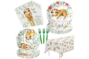 APOWBLS Sloth Birthday Party Supplies Girl, Sloth Party Decorations Tableware For Baby Shower Birthday, Paper Plate, Napkin, Fork, Tablecloth, Jungle Animal Sloth Party Supplies Dinnerware | Serve 24
