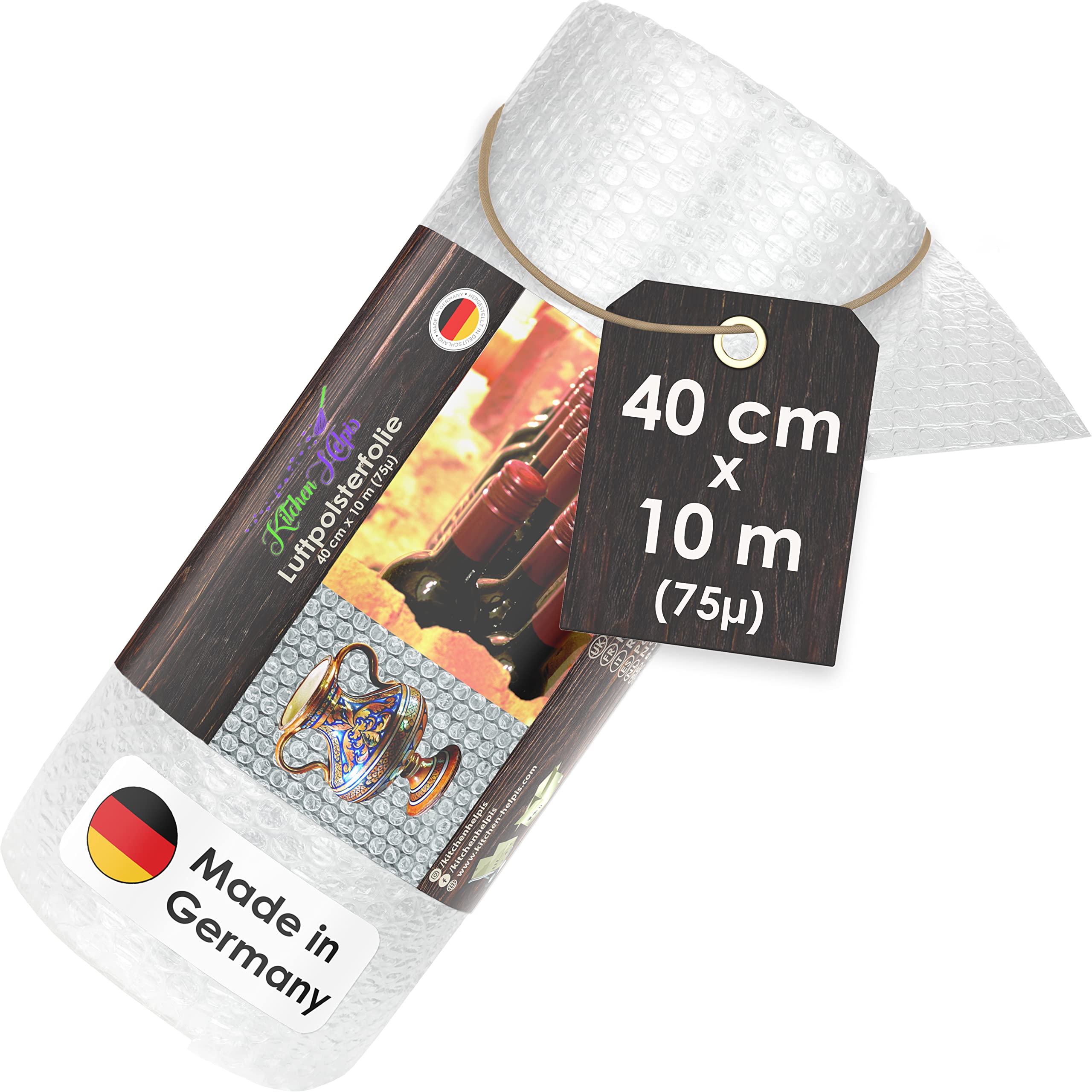 Kitchen Helpis® Bubble wrap 10 m x 40 cm (75 µ thick), ideal as packaging film for porcelain and fragile objects, protective wrap, cushioning film, bubble foil, blister film, bubble roll