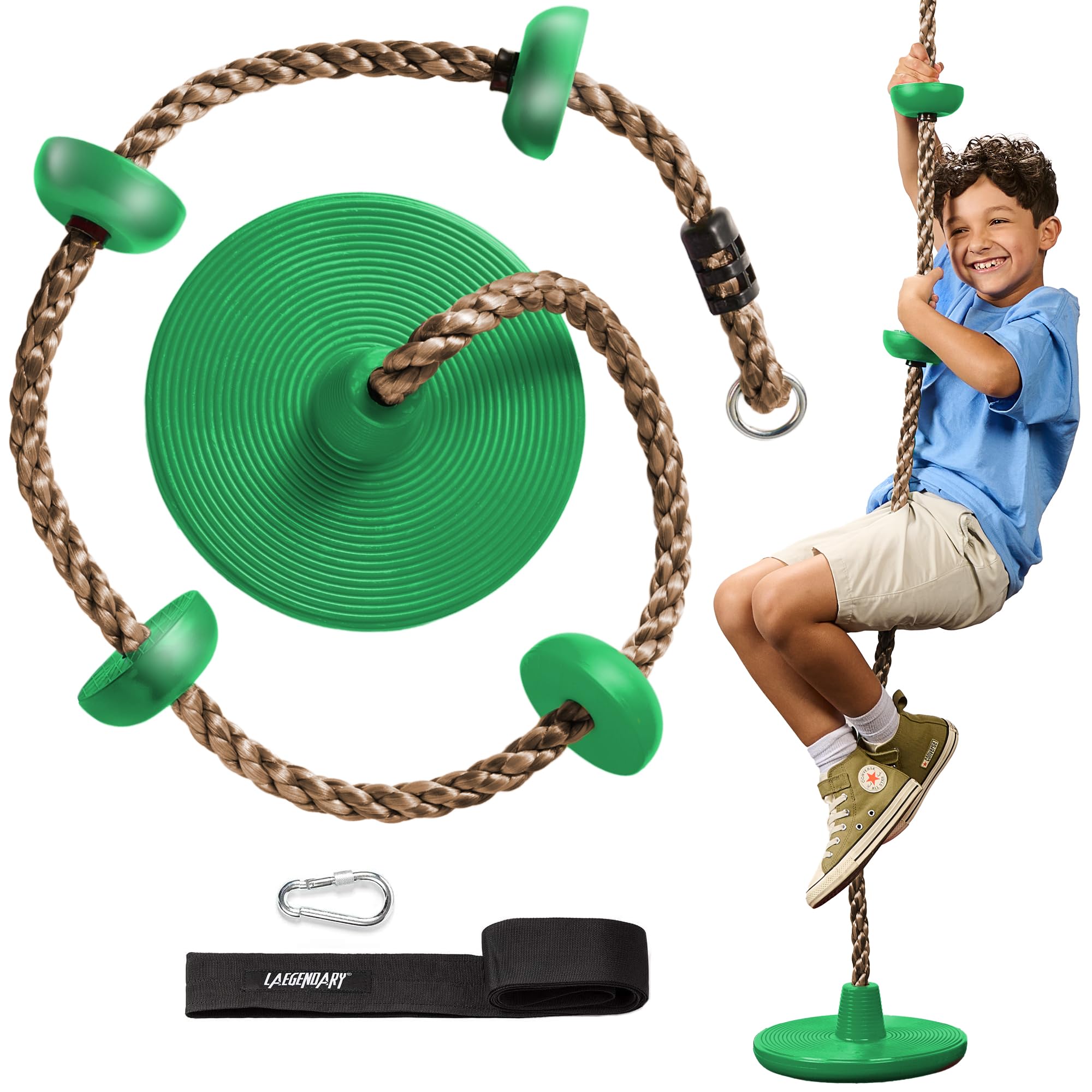Photo 1 of LAEGENDARY Climbing Rope Tree Swing with Platforms and Disc Swings Seat - Playground Swingset Accessories Outdoor for Kids - Tire Saucer Swing Outside Playset Toys - Carabiner and 2.6 Ft Tree Strap