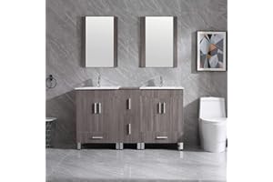 wonline 60‘’ Double Bathroom Vanity and Sink Combo Cabinet Undermount Top Ceramic Vessel Sink Chorme Faucet Drain with Mirror Vanities Set