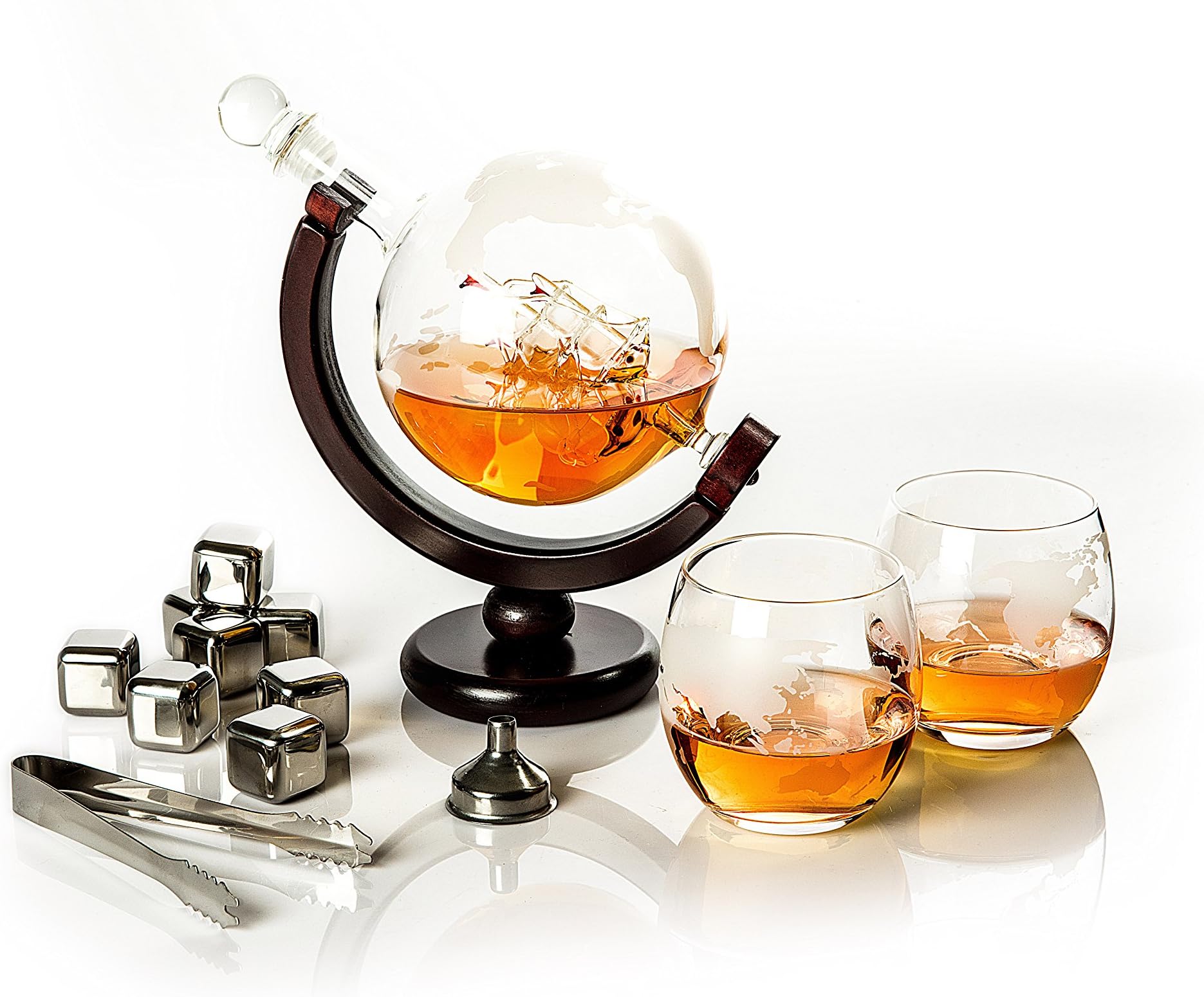 Whiskey Decanter Globe set with 2 etched Globe Whiskey Glasses & 8 stainless steel Whiskey Stones - for Vodka, Scotch, Liquor, Bourbon, Whiskey and Wine - 850ml Gift Set - Golden Moose