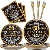 Wiooffen 96 Pcs Vintage 50th Party Tableware Set Back in 1976 50th Theme Birthday Party Table Decoration Supplies Cheers to 50 Years Paper Plate Napkin Fork 24 Guests for Men