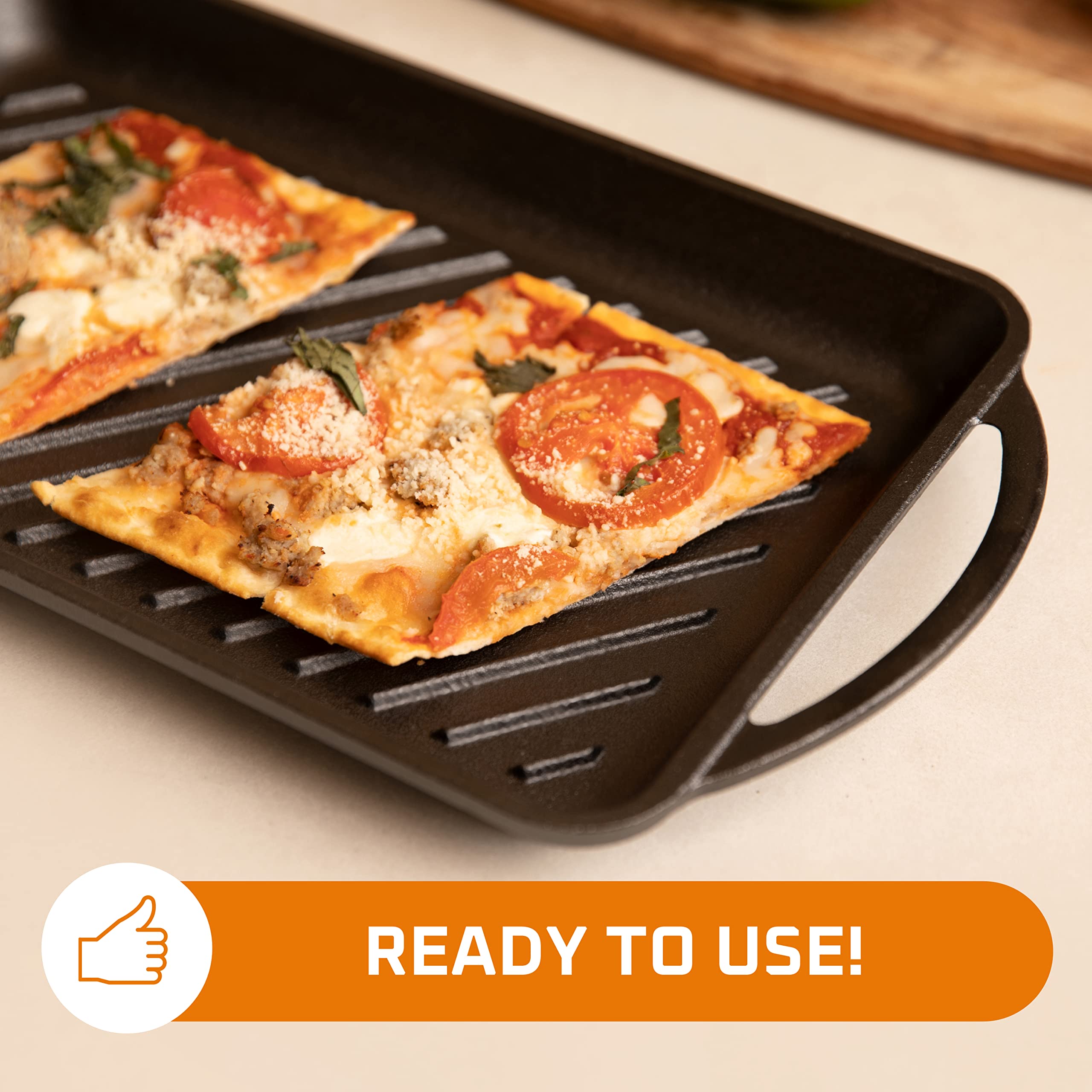Bruntmor Rectangular Cast-Iron Grill Pan - Non-Stick Pan for Stovetop with Raised Lines for Perfect Seared Lines on Steak, Fish and BBQ - Chip Resistant - Loop Handles, Black