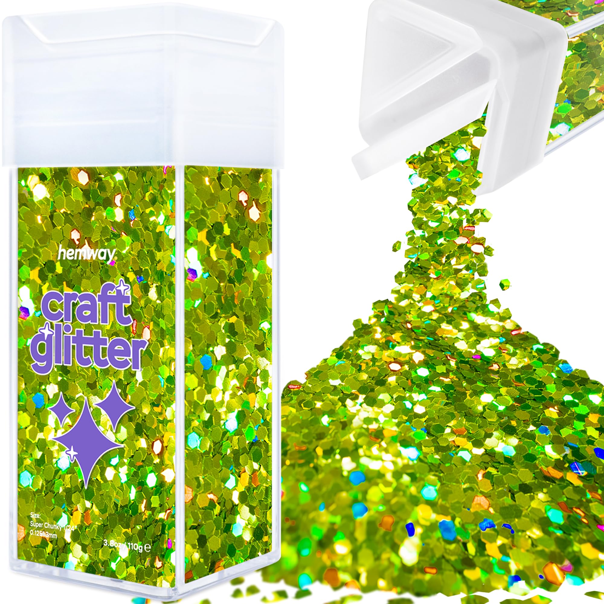 Hemway Glitter Shaker Lime Green Holographic 110g Super Chunky, Craft Glitter Shaker for Resin & Epoxy Crafts, Christmas Art Supplies, Nail, Body, Face, Eye, Festival, Crafting, Slime, Sparkle