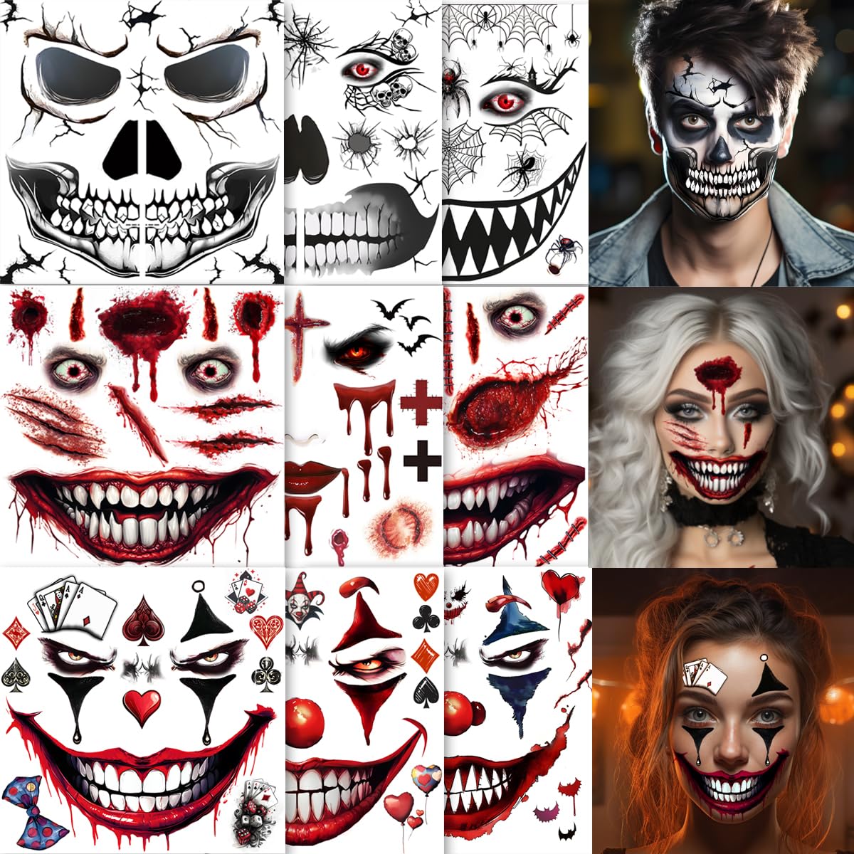 ENYACOS 6 Sheets Scary Face Tattoos - Skeleton Mouth, Fake Cuts Spider Web, Adult Halloween Makeup Kit