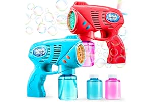 JOYIN 2 Bubble Guns with 2 Bubble Refill Solution (10 oz Total), Bubbles Maker, Blower, Machine Gun Blaster for Kids, Toddlers, Outdoors Activity, Party, Birthday Gift, Easter Bubble Toys (Blue+Red)