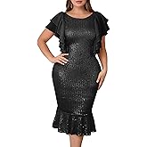 VERWIN Plus Size Sequins Dress Ruffle Sleeve Midi Dress Bodycon Mermaid Hem Dress Sparkly Round Neck Prom Dress