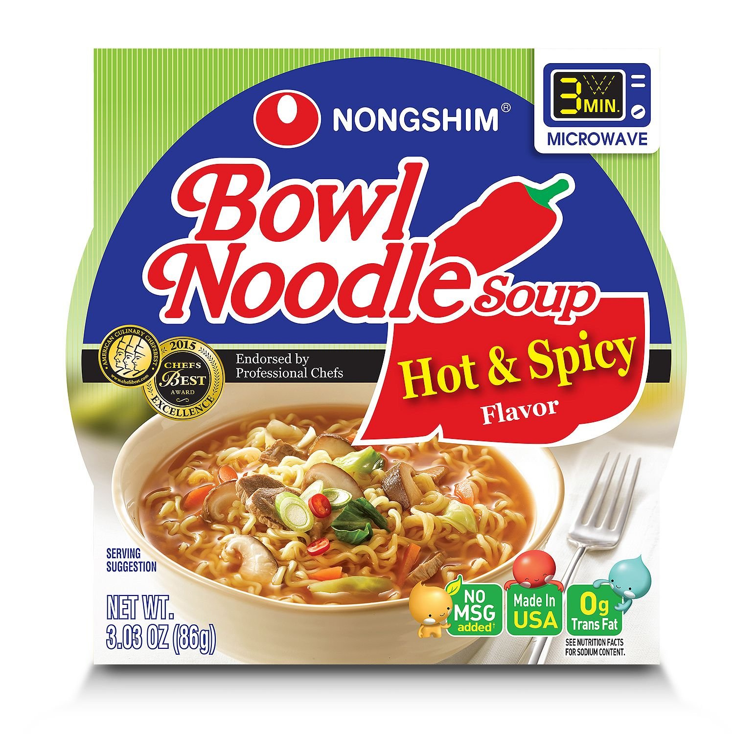 Nongshim Hot & Spicy Bowl Noodle Soup (3.03 oz. cup, 36 ct