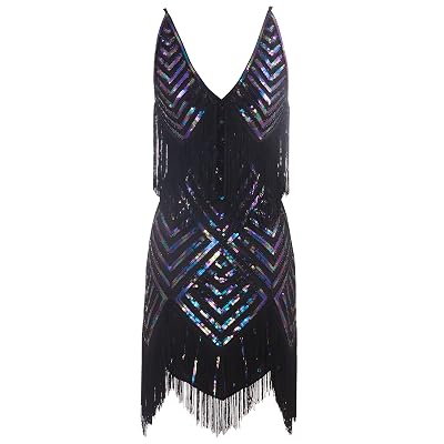 deep v neck flapper dress Women'S Plus Size 1920s Flapper Dress Sleeveless Deep V Neck Fringe All  over Tassel Tiered Prom Party Midi Dress Blue S