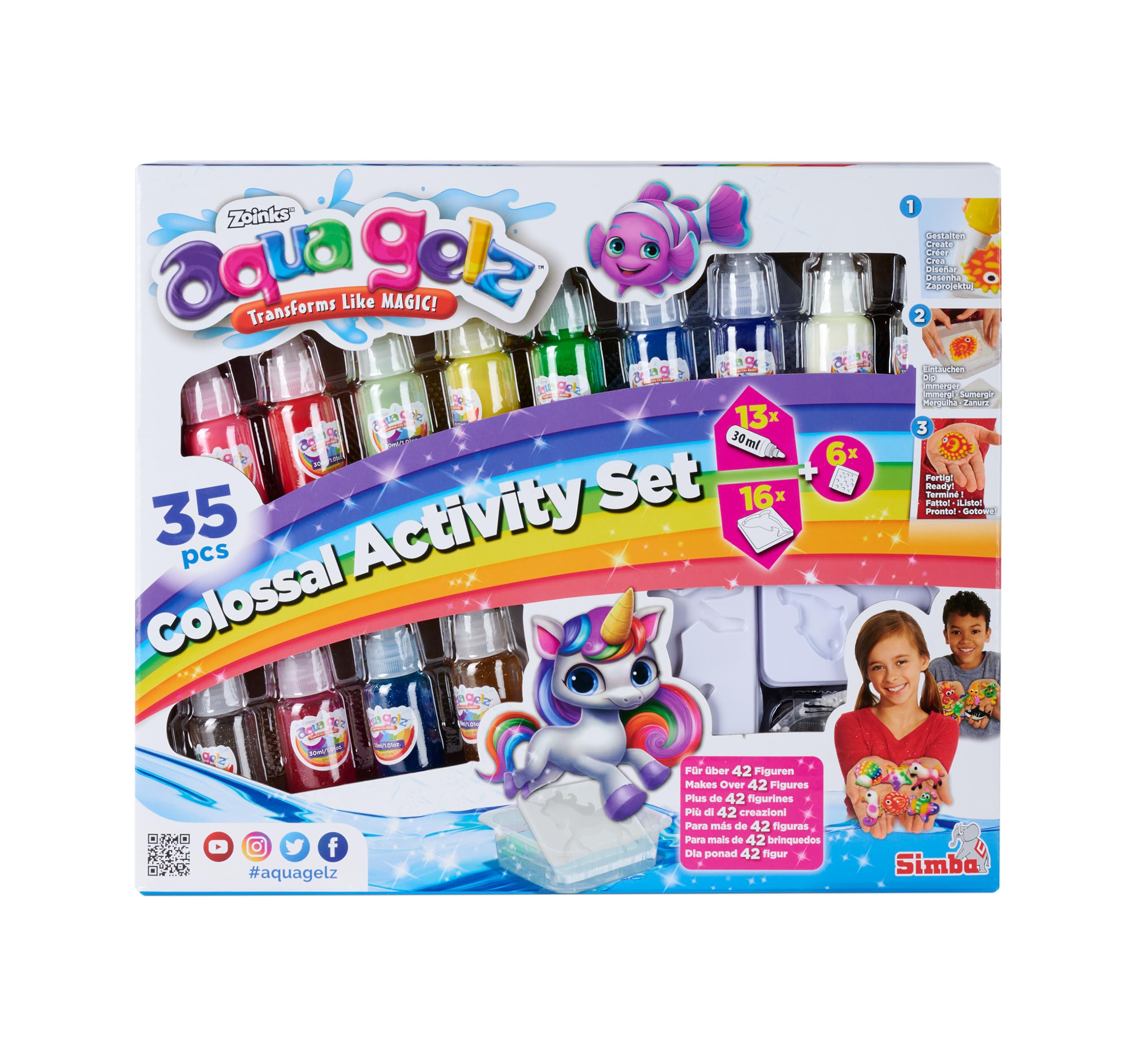 Simba 106322499 - Aqua Gelz Mega Set, craft set, creative, 13 bottles of color gel, 30 ml each, 16 shapes, 6 x water additive, from 8 years