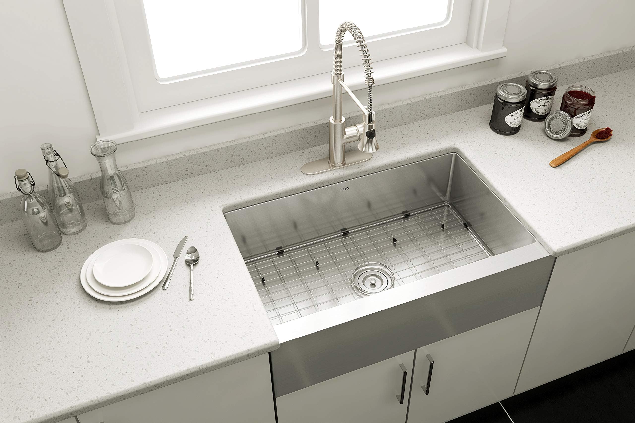Enbol EAS3320, 33 Inch Handmade Apron Front Farmhouse Single Bowl Stainless Steel Kitchen Sink with Protective Bottom Grid and Strainer