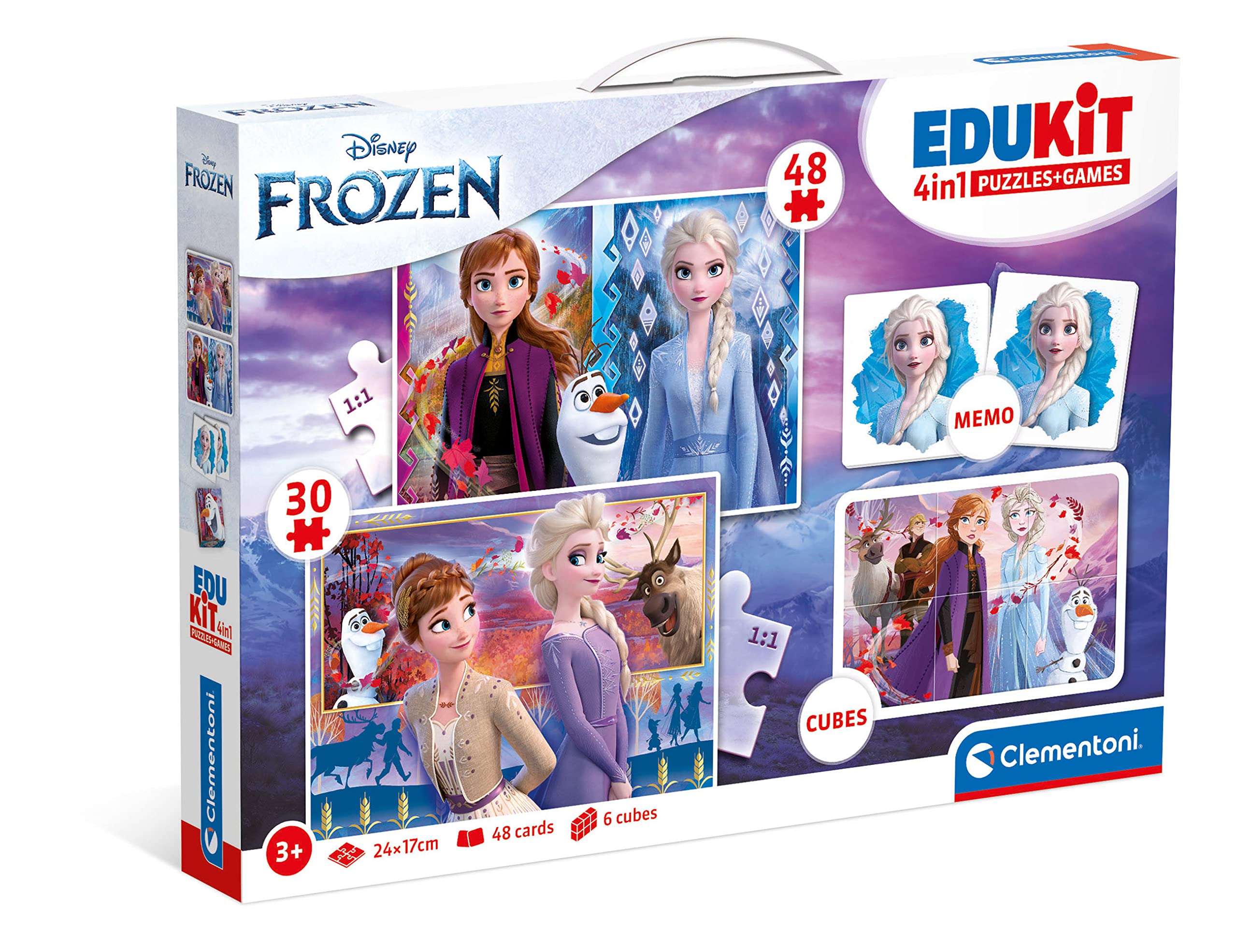 Clementoni - 18292 - Edukit 4 In 1 Disney Frozen (30 And 48 Pieces Puzzle, Memo And Six Cubes), Children Jigsaw Puzzle, Memo Games, Card Games For Kids 4 Years, Made In Italy