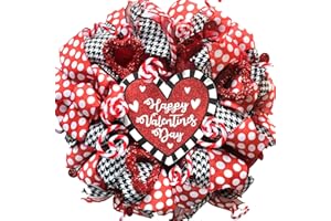 TEMPUS Valentine's Day Wreath, 16" Red Mesh Heart Wreath with Wood Sign and Ribbon for Indoor and Outdoor Decoration