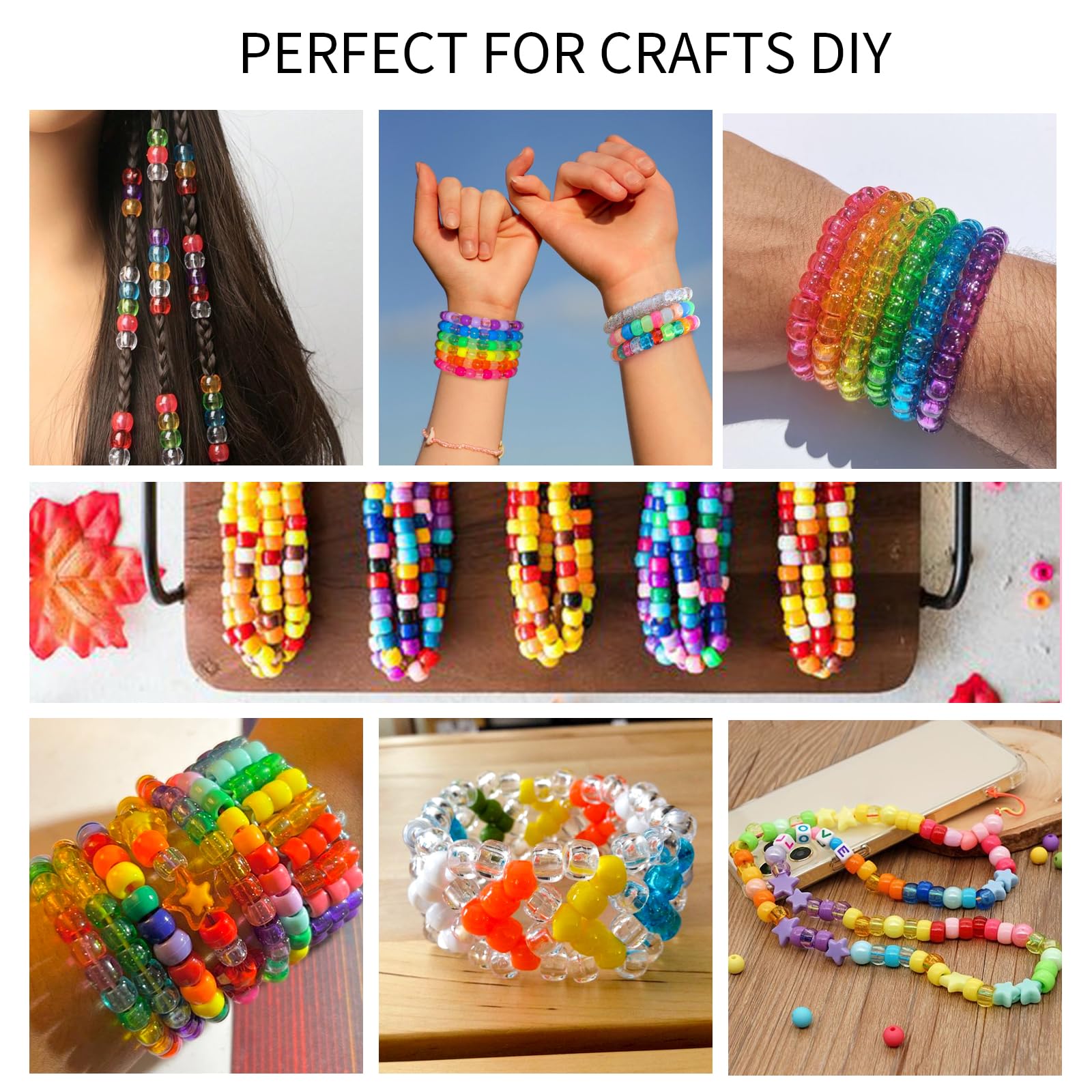 1000+pcs Glitter Pony Beads Bulk, Acrylic 9mm Large Plastic Bead for Bracelets Big Hole Hair Braids Crafts DIY Projects