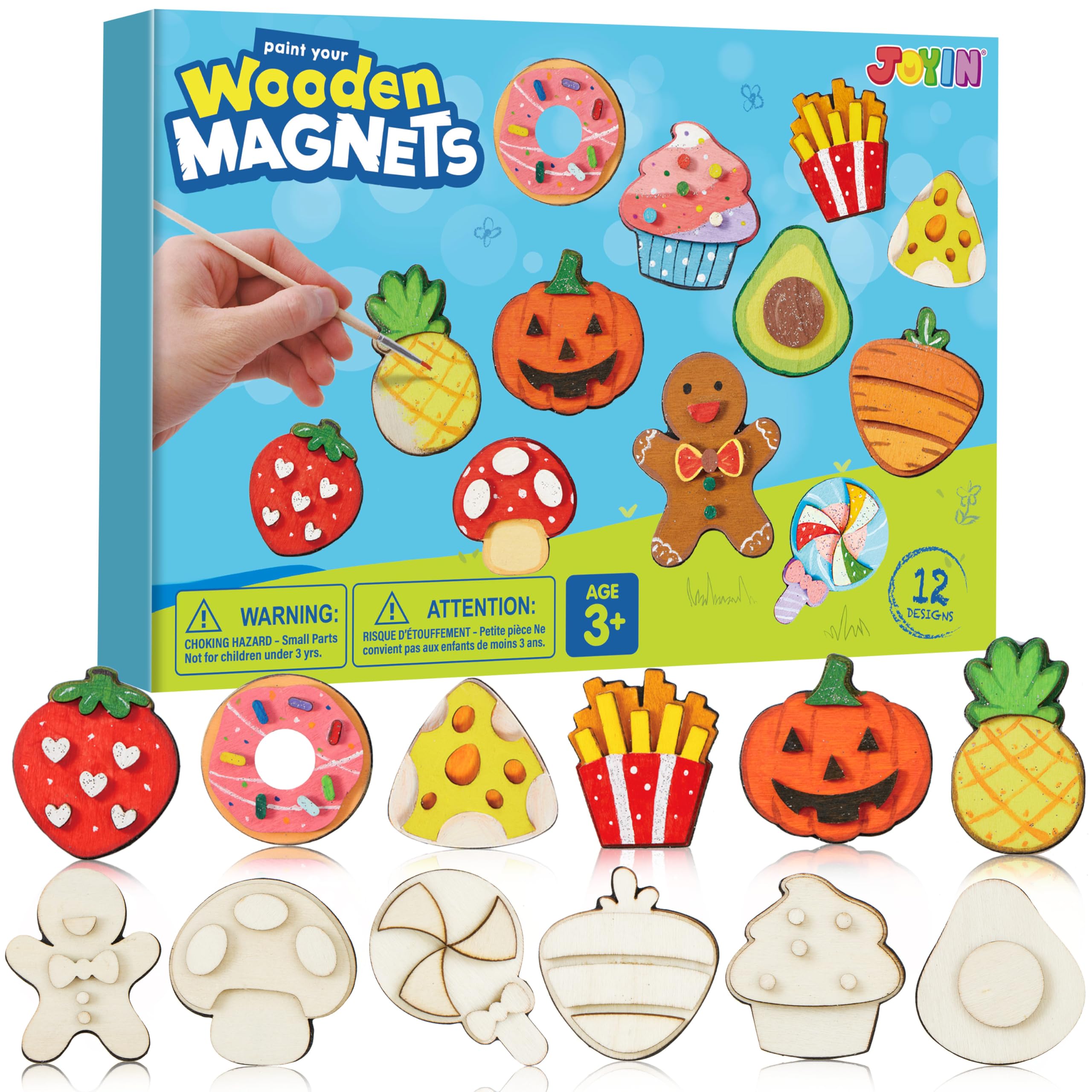 JOYIN 12PCS Wooden Magnets,Arts and Crafts for Kids Age 3+ Years Old,Painting Kit,Fridge Magnets Craft Kits for Boys Girls,Creative Gifts for Birthday,Easter Crafts,Wooden Crafts for Children(Food)