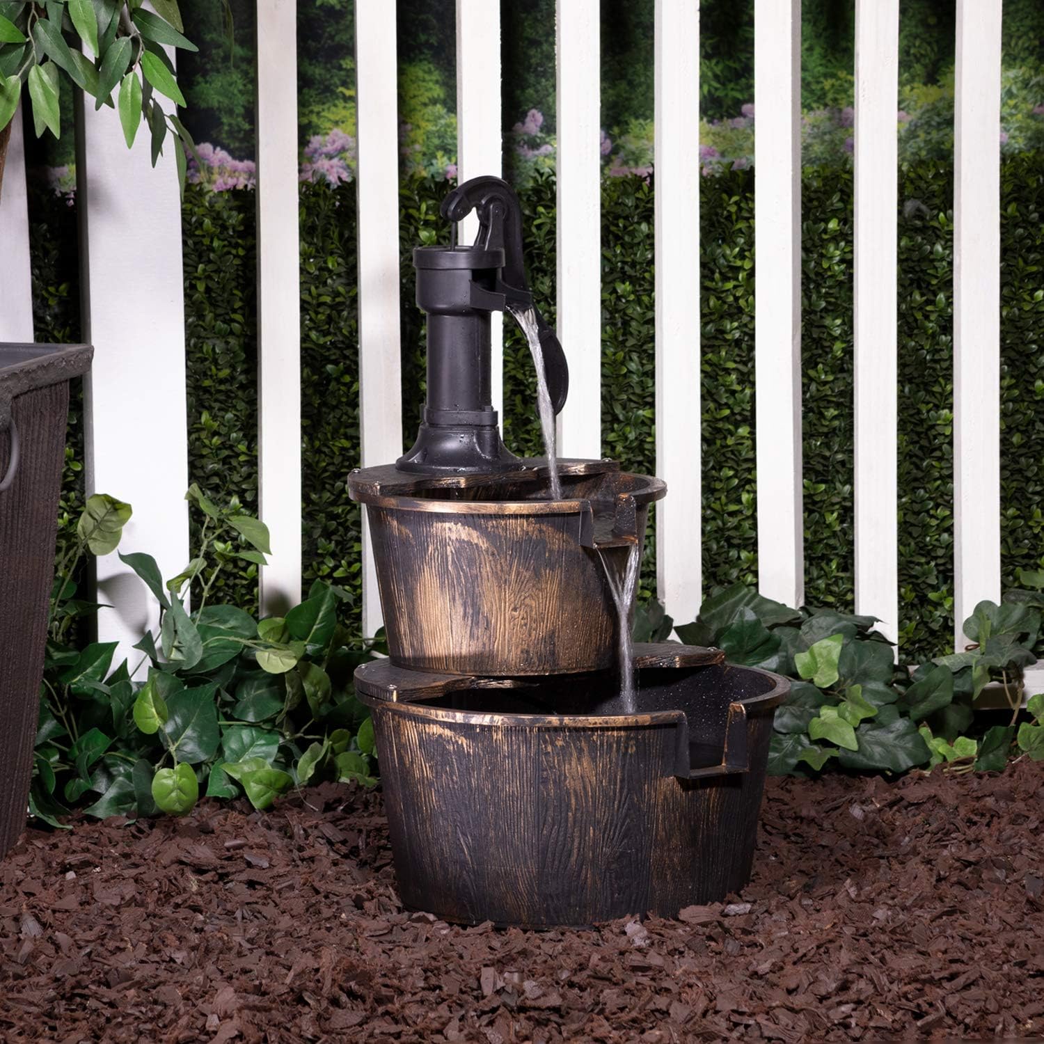 Alpine Corporation TIZ194BZ Alpine 2-Tier Rustic Pump Barrel Waterfall for Garden, Patio, Deck, Porch-Yard Art Decor Outdoor Water Fountain, Gray : Indoor Fountains : Garden & Outdoor