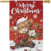 Heyfibro Merry Christmas Highland Cow Garden Flag 28x40 Inch Double Sided Burlap, Winter Snowflake Yard Flags for Holiday Xmas Seasonal Outdoor Decoration(ONLY FLAG)