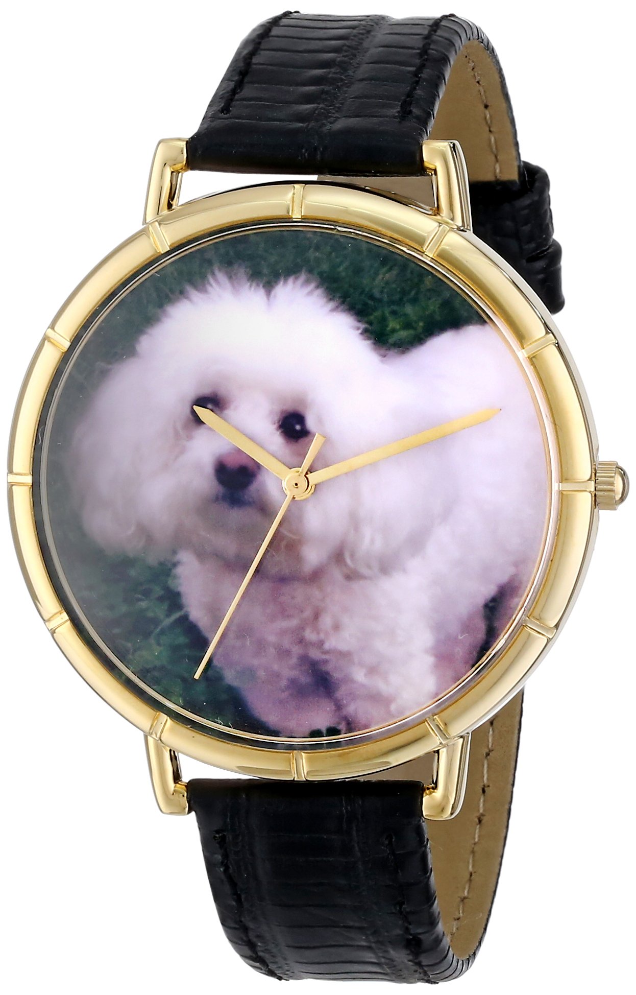 Whimsical Watches Bichon Black Leather and Goldtone Photo Unisex Quartz Watch with White Dial Analogue Display and Multicolour Leather Strap N-0130010
