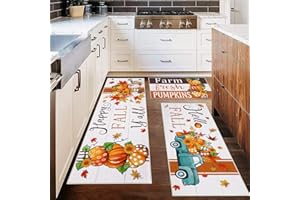 Ileading Fall Kitchen Rugs Set of 3 Piece Fall Kitchen Mats for Floor with Non Slip Backing,Washable Fall Runner Rug for Sink Laundry Hallway Indoor Holiday Thanksgiving Decoration(Striped Pumpkins)