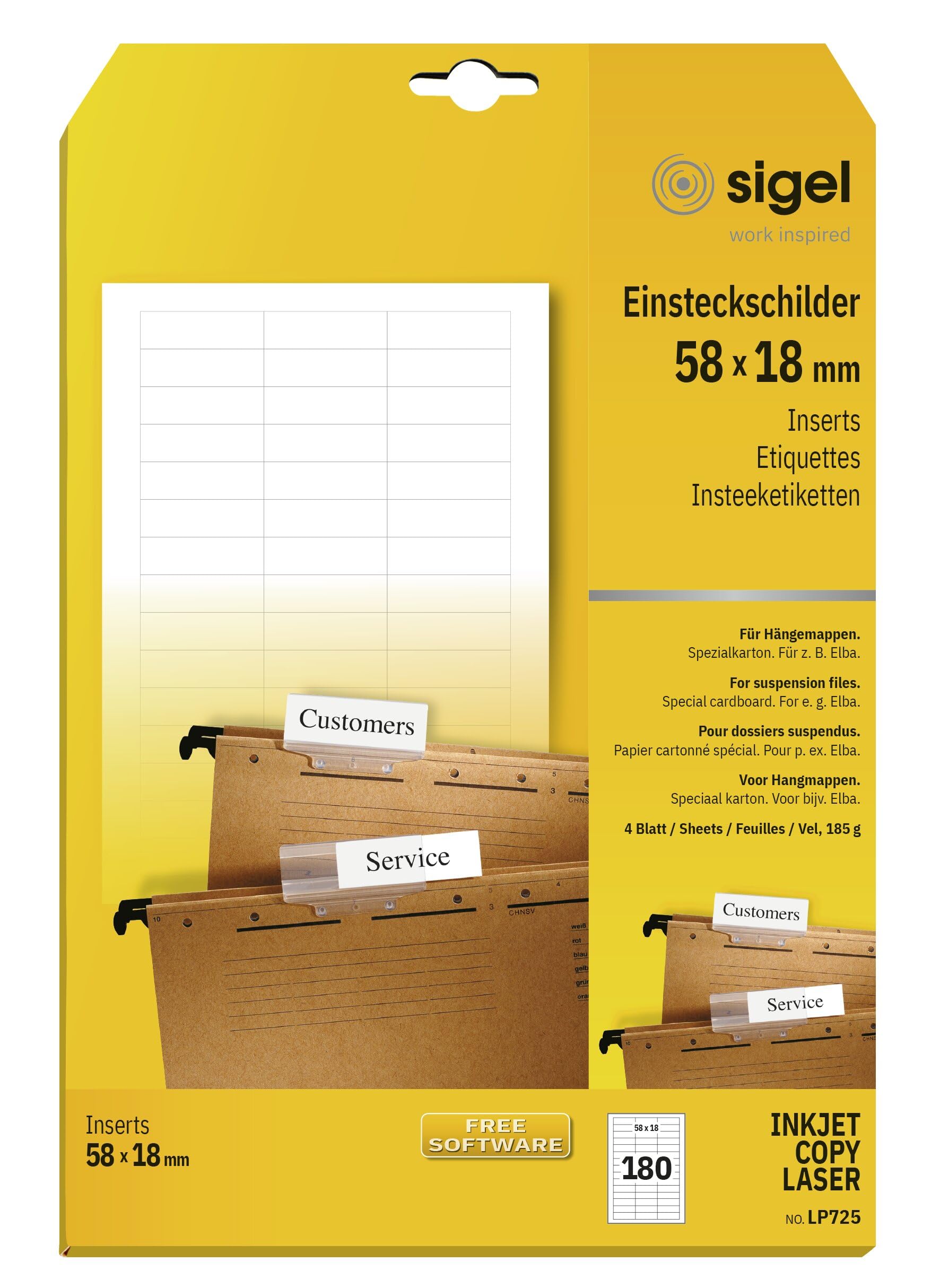 SIGEL LP725 Piece Inserts for suspension files, 5.8 x 1.8 cm, 185 gsm, 180 Pieces equal to 4 sheets, White