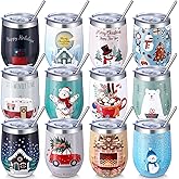 Sliner 12 Pack Christmas Tumbler Bulk with Lid and Straw Brush, 12 oz Xmas Stainless Steel Vacuum Insulated Coffee Cup Travel Mug for Holiday Gift Birthday Women Men Party Supplies(Vintage Style)
