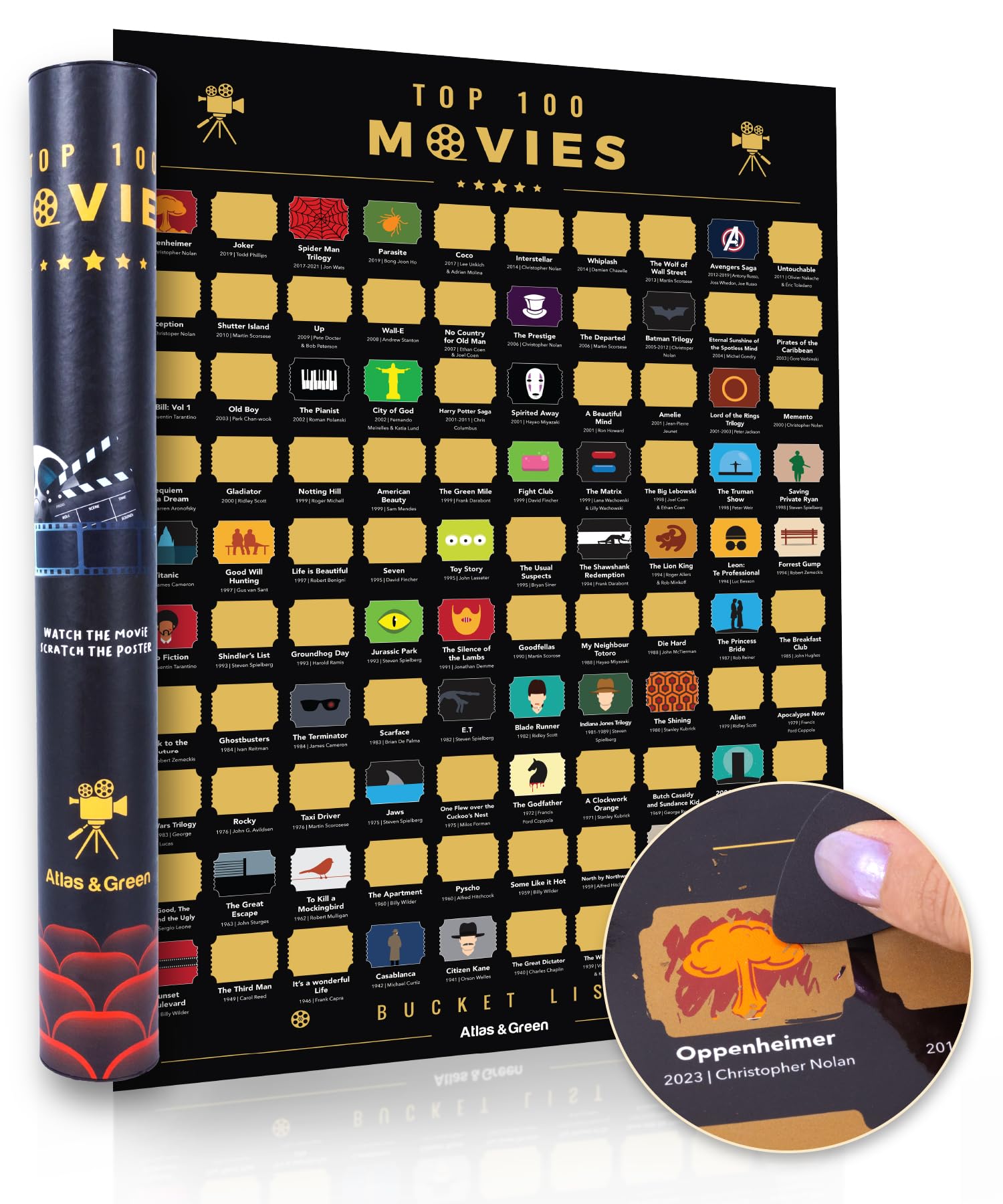 Atlas & Green Top 100 Movies Poster. Top 100 Scratch Off Movie Poster Top Imdb films up to date 2024 + Bonus Accessories: Gift Tube Movie Posters Stickers