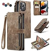 Lxisxcna Compatible with iPhone 13 Pro Max 5G Wallet Case with Card Holder Kickstand Magnetic Zipper Pocket Lanyard Strap Wristlet,Leather Flip Case Wallet for iPhone 13 Pro Max 5G 6.7 Inch (Brown)
