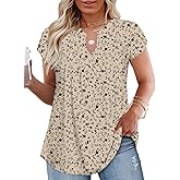 VISLILY Plus-Size-Summer-Tops for Women Dressy V Neck T Shirts Trendy Petal Short Sleeve Tunics Casual Pleated Blouses 1X-5X