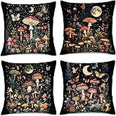HIKENVIU Mushroom Moth Throw Pillows Covers Witchy Decorative Pillow Cases for Sofa Couch Bedroom Living Room Farmhouse Home Decor Gothic Cushion Covers 18x18 Inches Set of 4