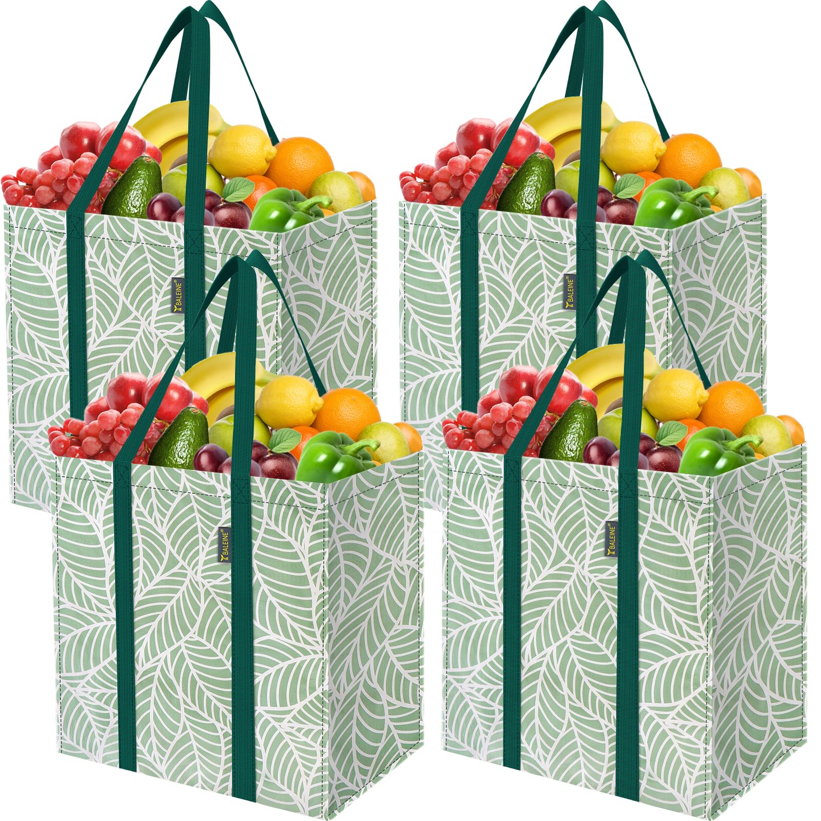 BALEINE 4 PK Grocery Bags Reusable Shopping Bags with Reinforced Bottom, Heavy Duty Foldable Tote Bags (Antique Folidage)