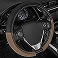 Caterpillar Two Tone Ergonomic Soft Leather Grip Steering Wheel Cover – Strong, Durable and Comfortable Universal Size 14.5-15.5 Inch (Beige/Black) (CASW-2221-BG)