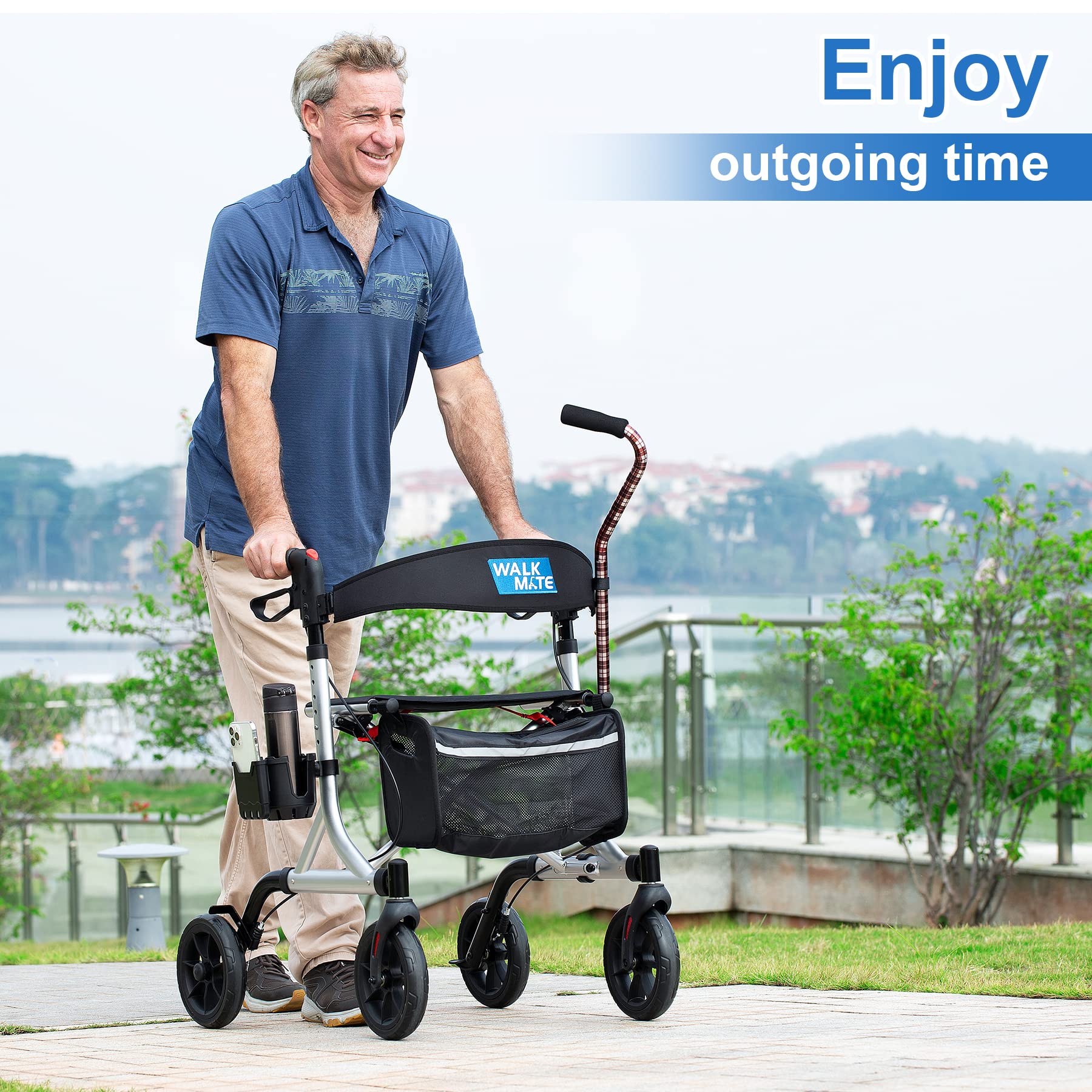 Rollator Walker for Seniors with Cup Holder, Upgraded Thumb Press Button for Height Adjustment, 4 x 8 Wheels Walker with Seat Padded Backrest Folding Lightweight Walking Aid, Silver