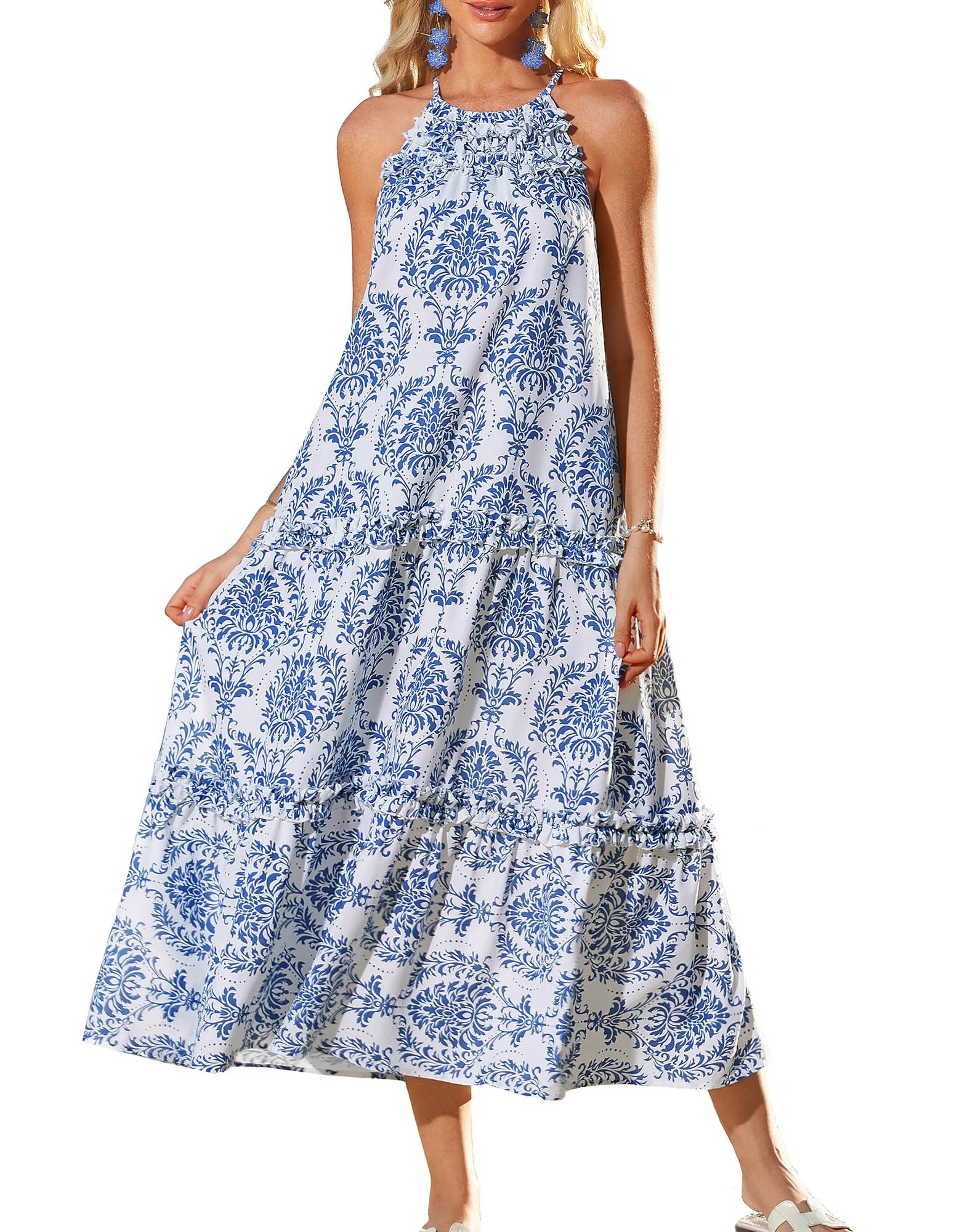 Photo 1 of Long Flowy Boho Dresses for Women 2025 Summer Sleeveless Floral Casual Dress Loose Ruffled Tired Maxi Halter Dress Blue S