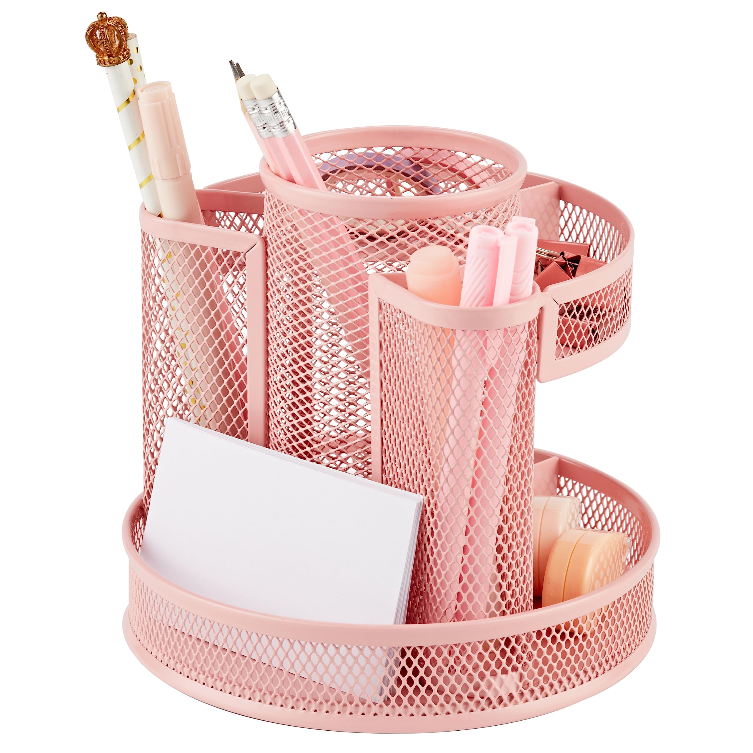 Annova Mesh Desk Organizer Rotate with 5 Compartments Round Spinning Tidy Candy/Pen Holder Desk Accessories Office, Art Supply, Storage, Classroom, Home (Light Pink)