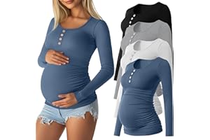 Sweetyweee 4 Pack Womens Maternity Shirts Cotton Scoop Neck Long Sleeve Ribbed Pregnancy Top Henley Side Ruched Mama Clothes