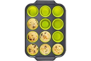 BRONYPRO Silicone Muffin Pan with Metal Frame, Egg Bite Maker Silicone Molds for Baking, Cupcake Pans 12 Regular Size, Muffin Tins Easy to Pop Nonstick Non Toxic Bakeware for Oven, Yellow-green