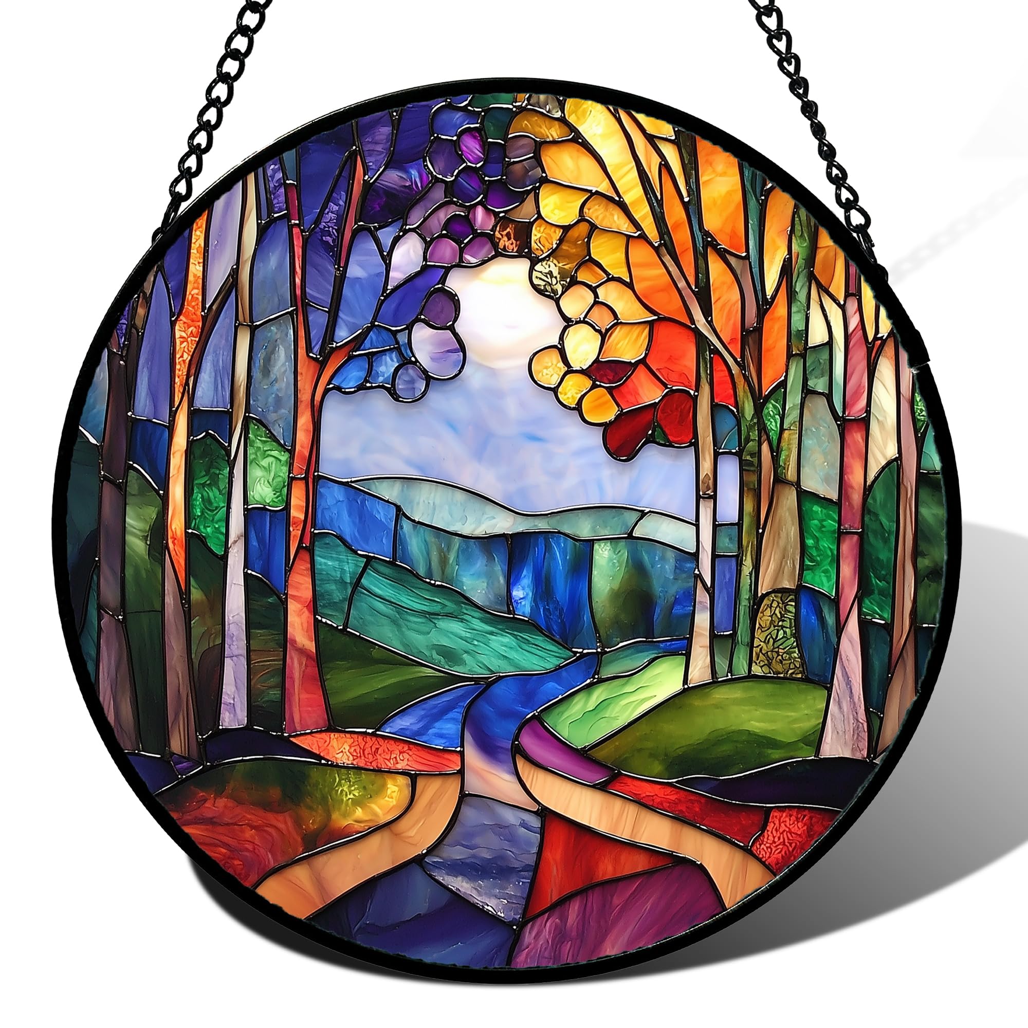DASTOLL Stained Glass Window Hanging, Colorful Forest Landscape Tree Suncatcher for Doors Window Home Abstract Sun Catchers Decoration Mother's Day Birthday Gifts for Women, Men, and Mom 11.8 in Image