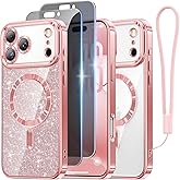 Meifigno Designed for iPhone 17 Pro Case with 2X Privacy Screen Protectors 6.3", [Glitter Card & Wrist Strap] [Compatible with MagSafe] Surround Lens Protection for 17 Pro Phone Case Women, Rose Gold