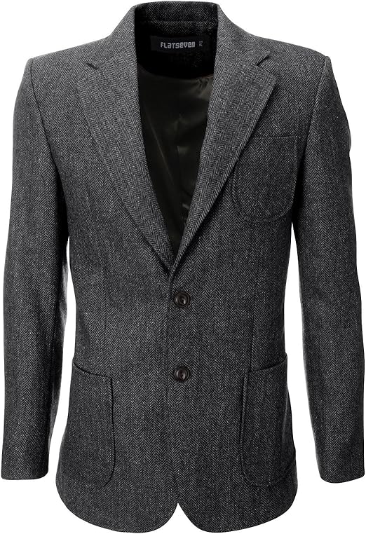 FLATSEVEN Mens Herringbone Wool Blazer Jacket with Elbow Patches (BJ902