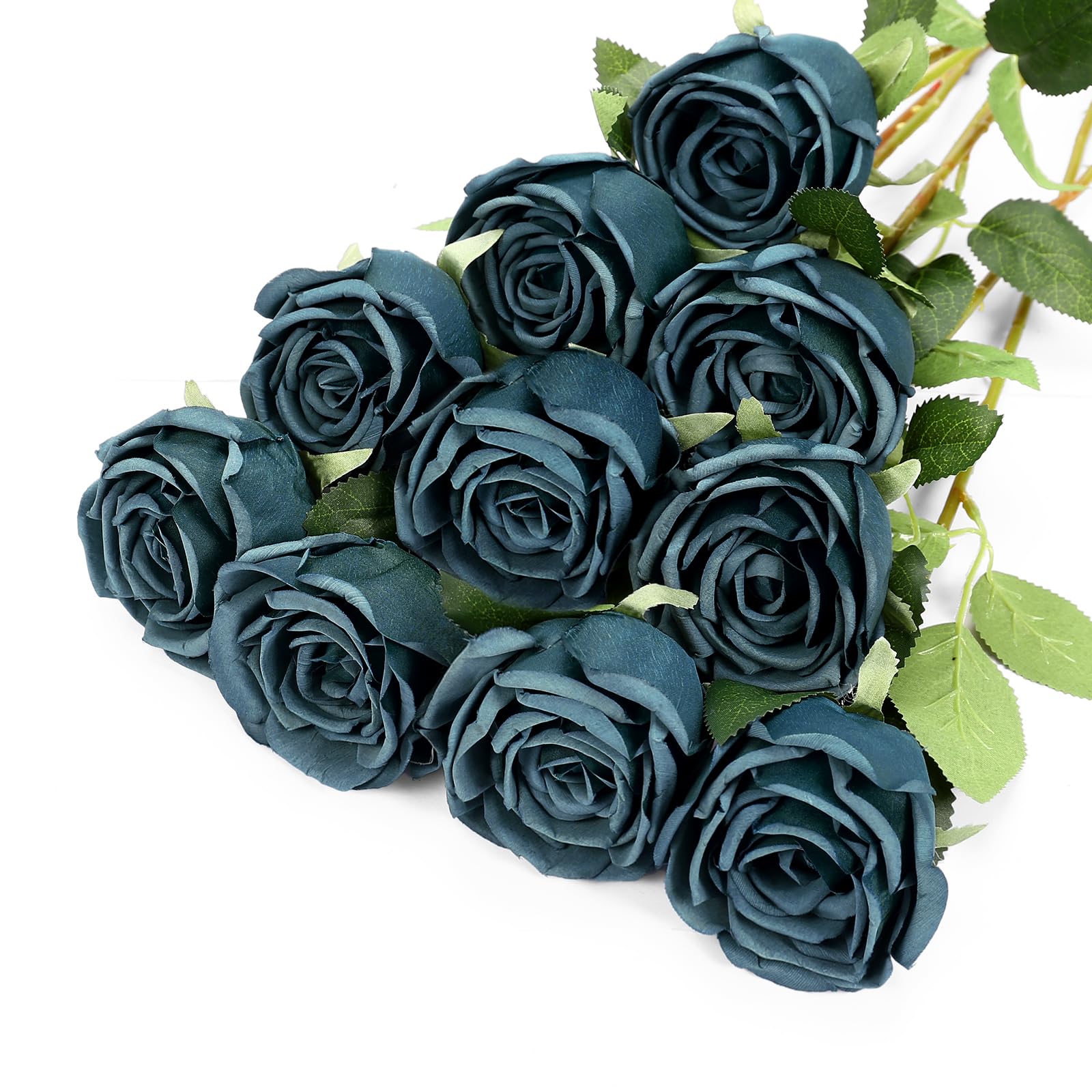 DuHouse 10pcs Fake Roses Artificial Silk Flowers Flower Long Stems Bouquet for Arrangement Wedding Centerpiece Party Home Kitchen Decor(Peacock Blue)