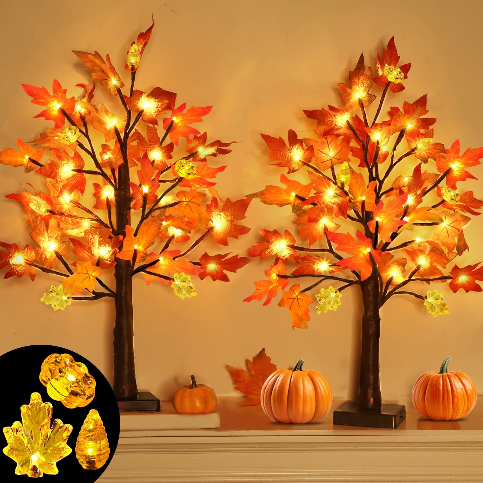 Photo 1 of Fall Decorations for Home, 2 Pack 24''/2FT Prelit Fall Maple Tree Thanksgiving Decor Total 48 LED Timer Battery Operated Lighted Pumpkins Acorn Maple Autumn Thanksgiving Indoor Home Table Christmas