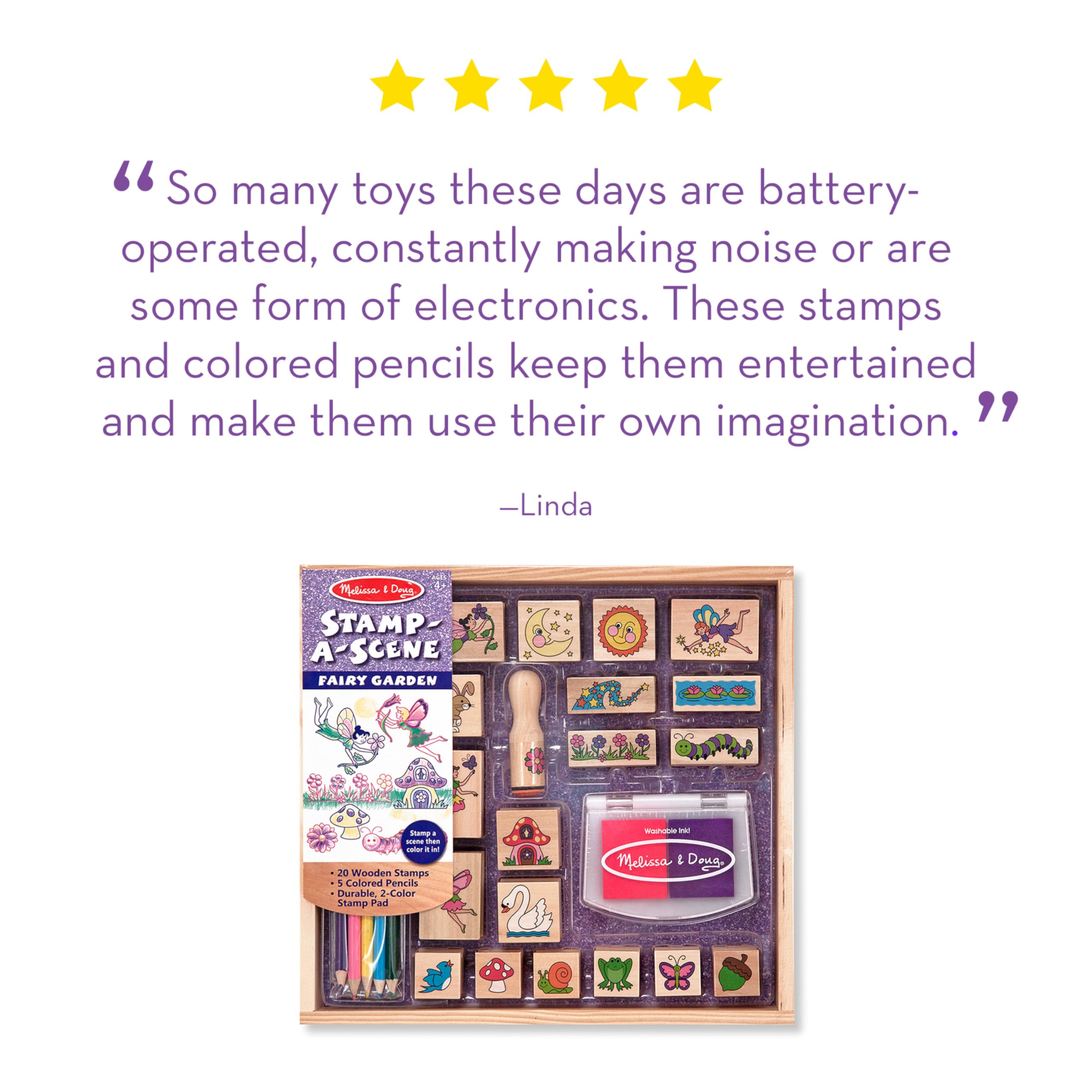 Melissa & Doug Stamp-a-Scene Stamp Pad: Fairy Garden - 20 Wooden Stamps, 5 Colored Pencils, and 2-Color Stamp Pad