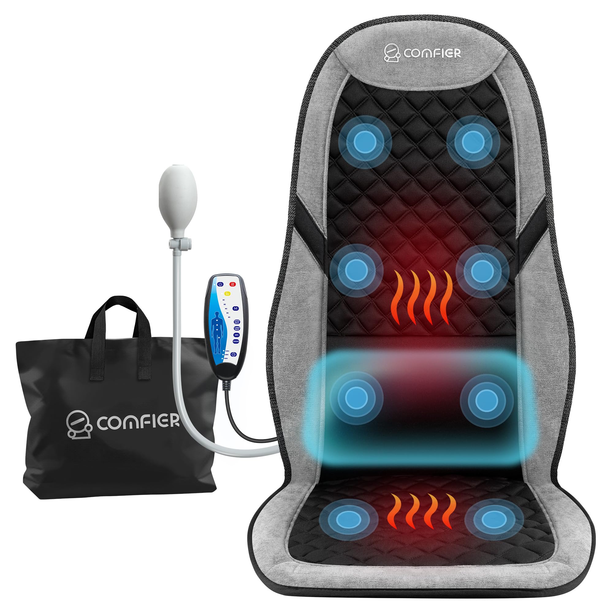 Photo 1 of COMFIER Back Massager with Heat,Massage Chair Mat with Adjustable Lumbar Support,Seat Warmer Cushion with 8 Vibration Motors & 5 Modes & Bag,Office Chair Massage Pad for Recliner,Gifts for Mom Dad