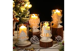 Havawish Set of 4 Christmas Reindeer Vintage Pillar Candle Holder Votive Rustic Hurricane Farmhouse Table Decorations White Metal Glass Antique Tealight Christmas Candle Holder Mantle Fireplace Decor