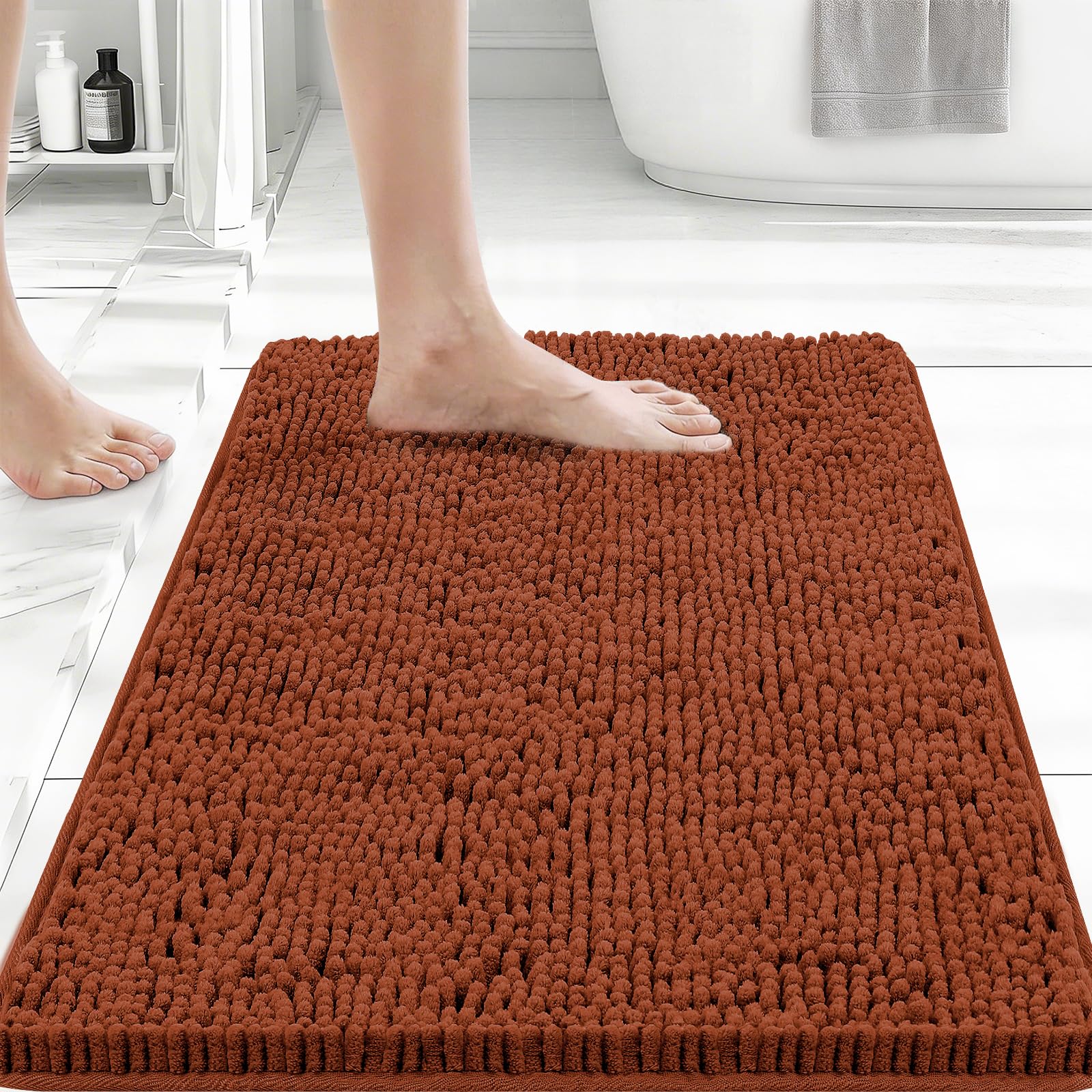 Bcoimo 24x17 Chenille Bath Mat – Non-Slip with Backing Bath Rug Ultra-Absorbent and Machine Washable Bathroom Mat Quick-Dry Design. Ideal for Bathroom Shower and Tub Areas